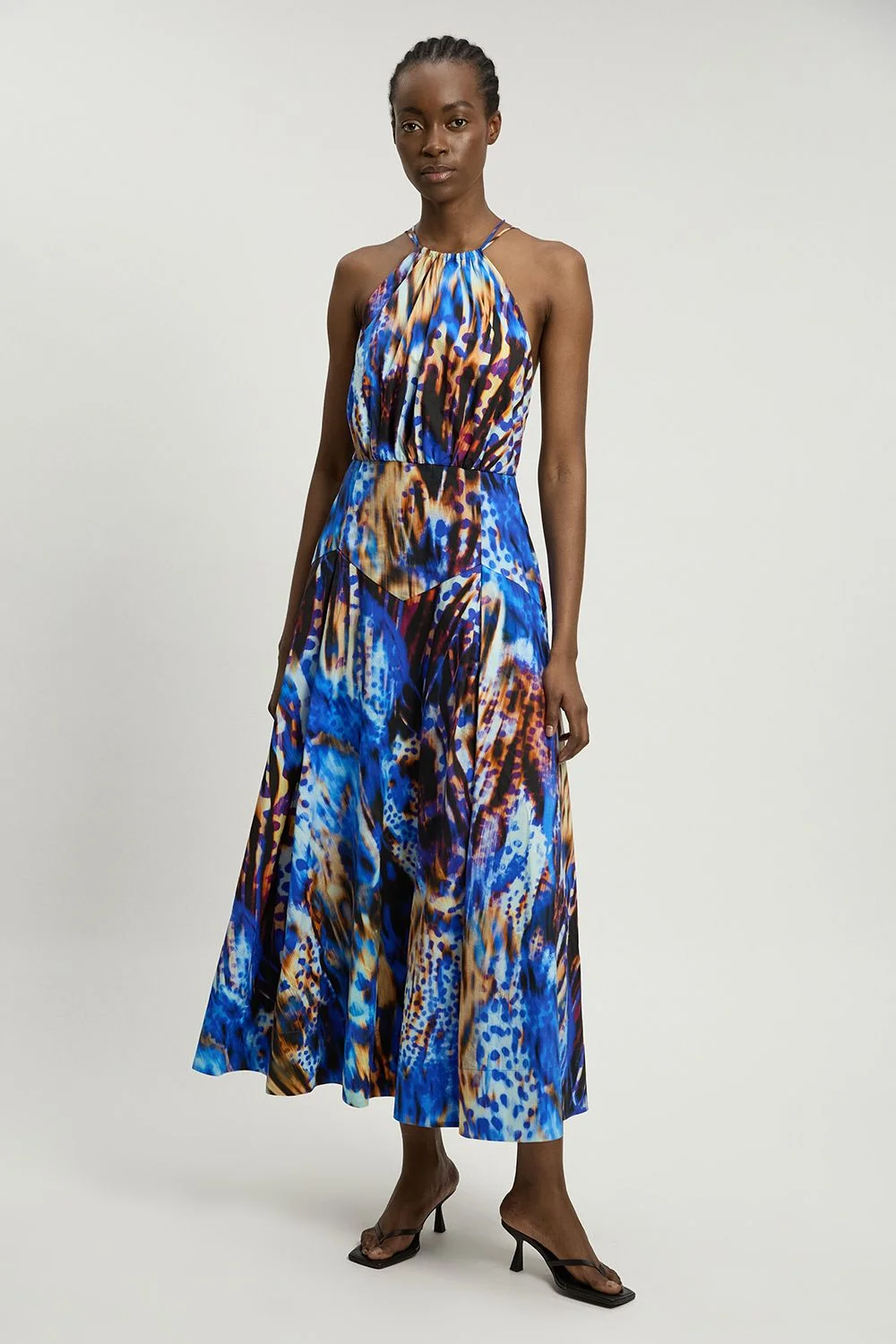 Cotton Halterneck Woven Midi Dress With Dropped Waist Detail - 1