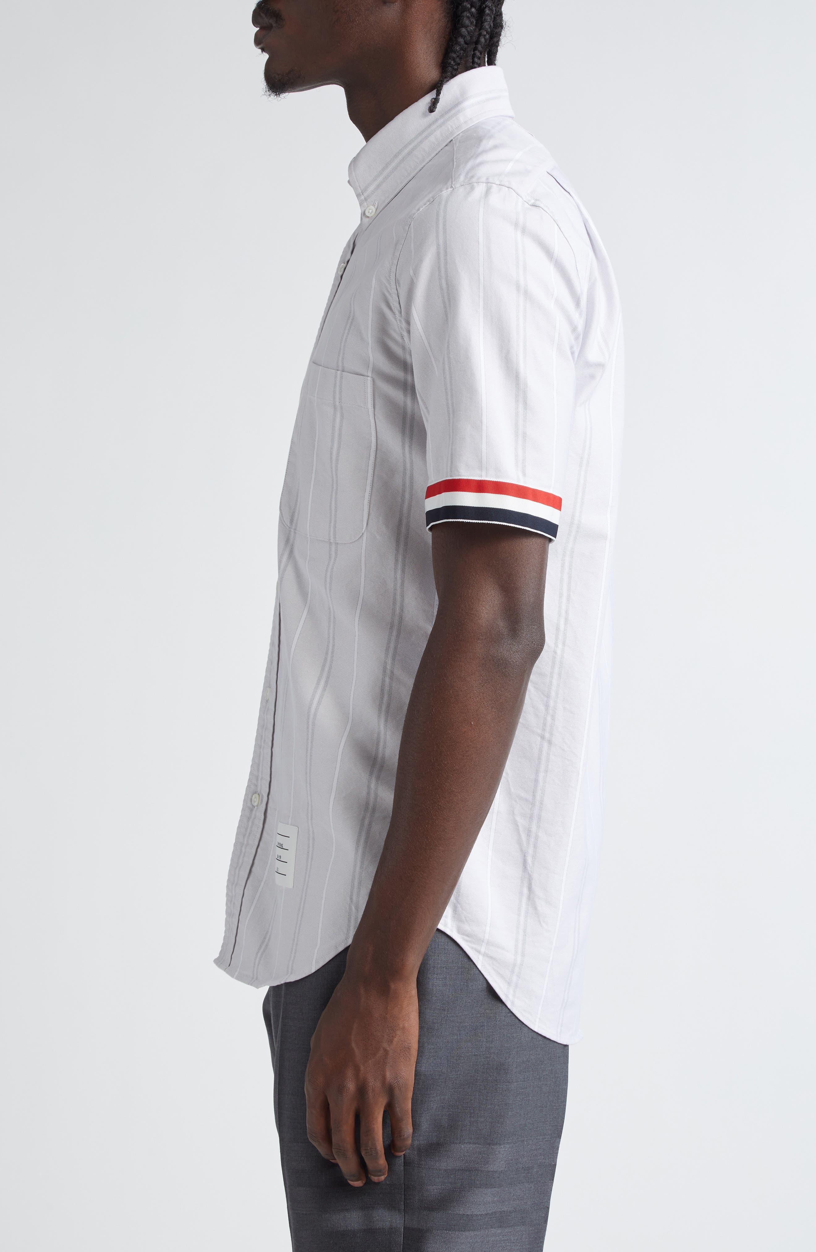 Thom Browne Straight Fit Stripe Short Sleeve Cotton Button-Down Shirt in Medium Grey at Nordstrom - 3