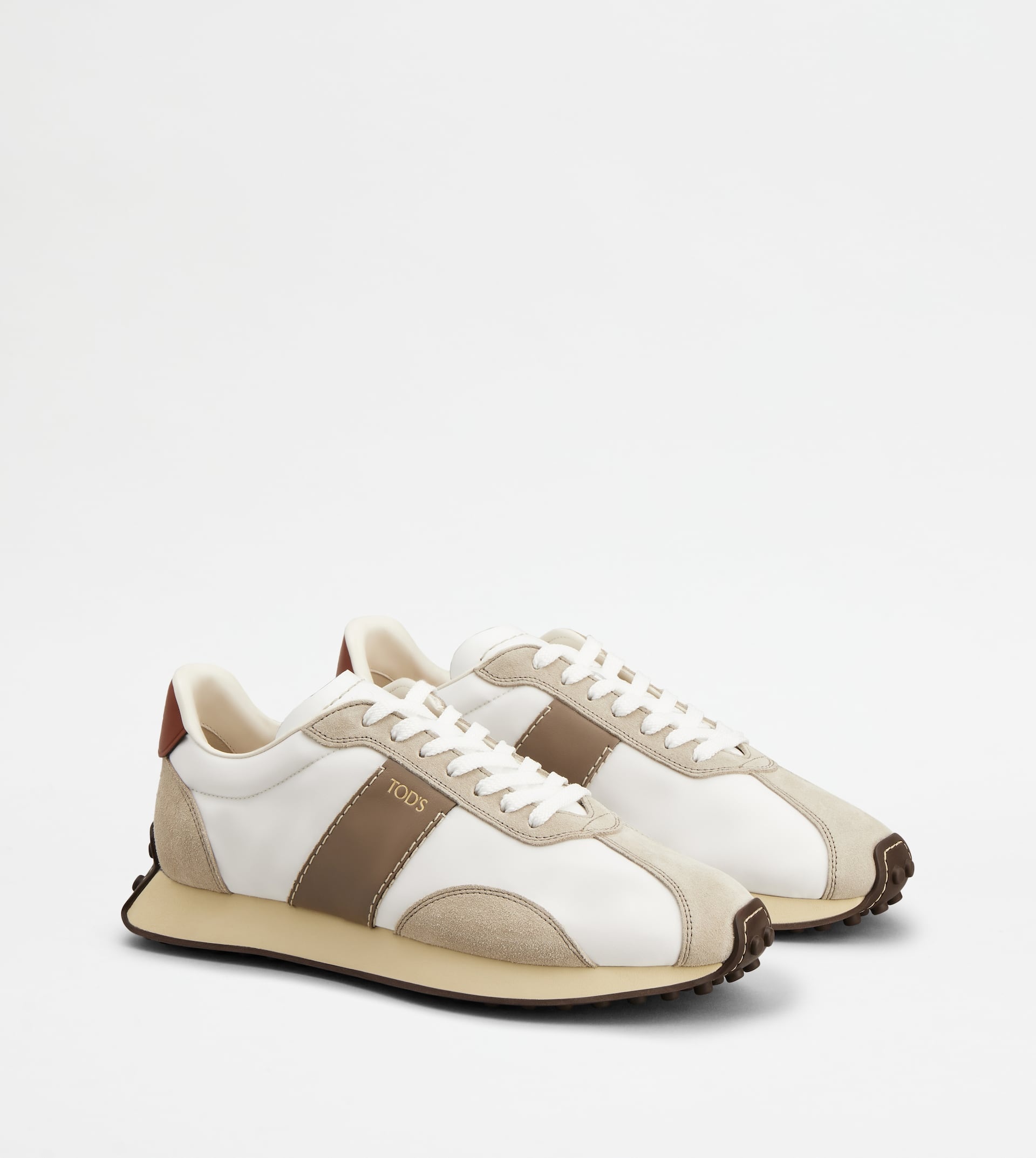 SNEAKERS IN LEATHER AND TECHNICAL FABRIC - BEIGE, WHITE, BROWN - 2