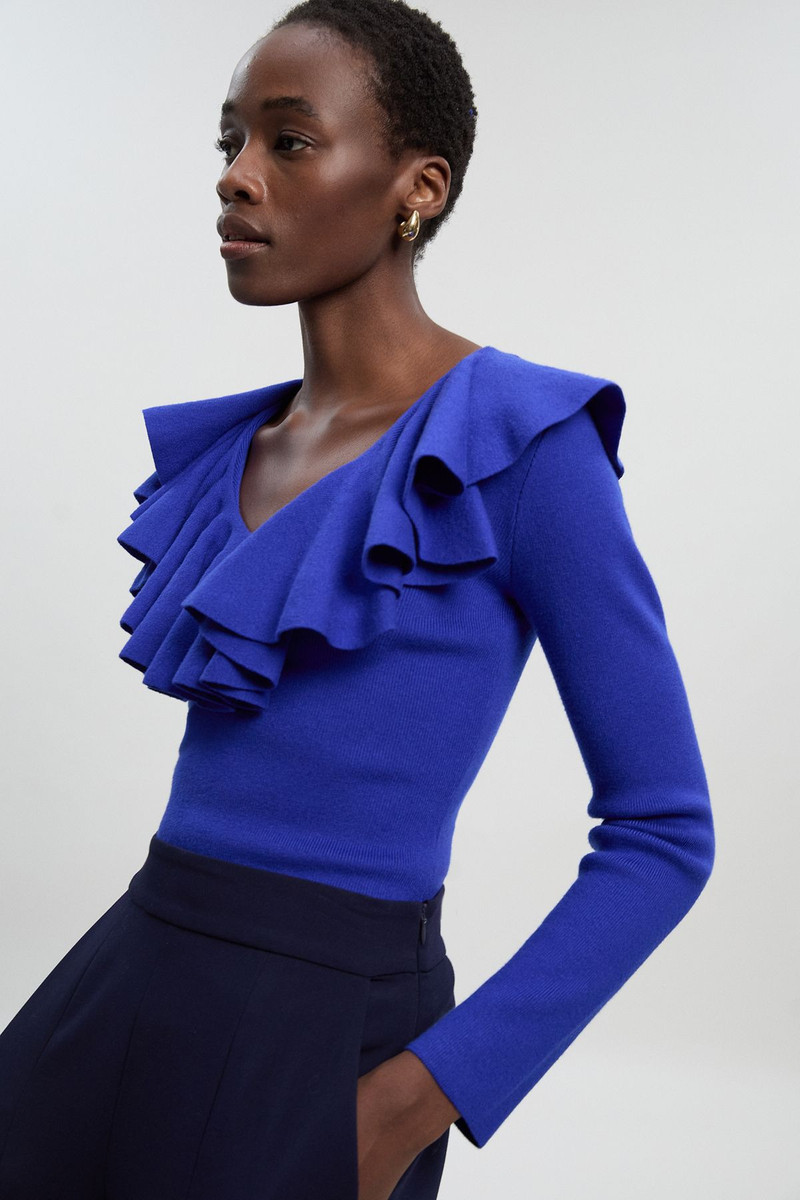 KAREN MILLEN Compact Wool Look Ruffle V Neck Knit Top outlook
