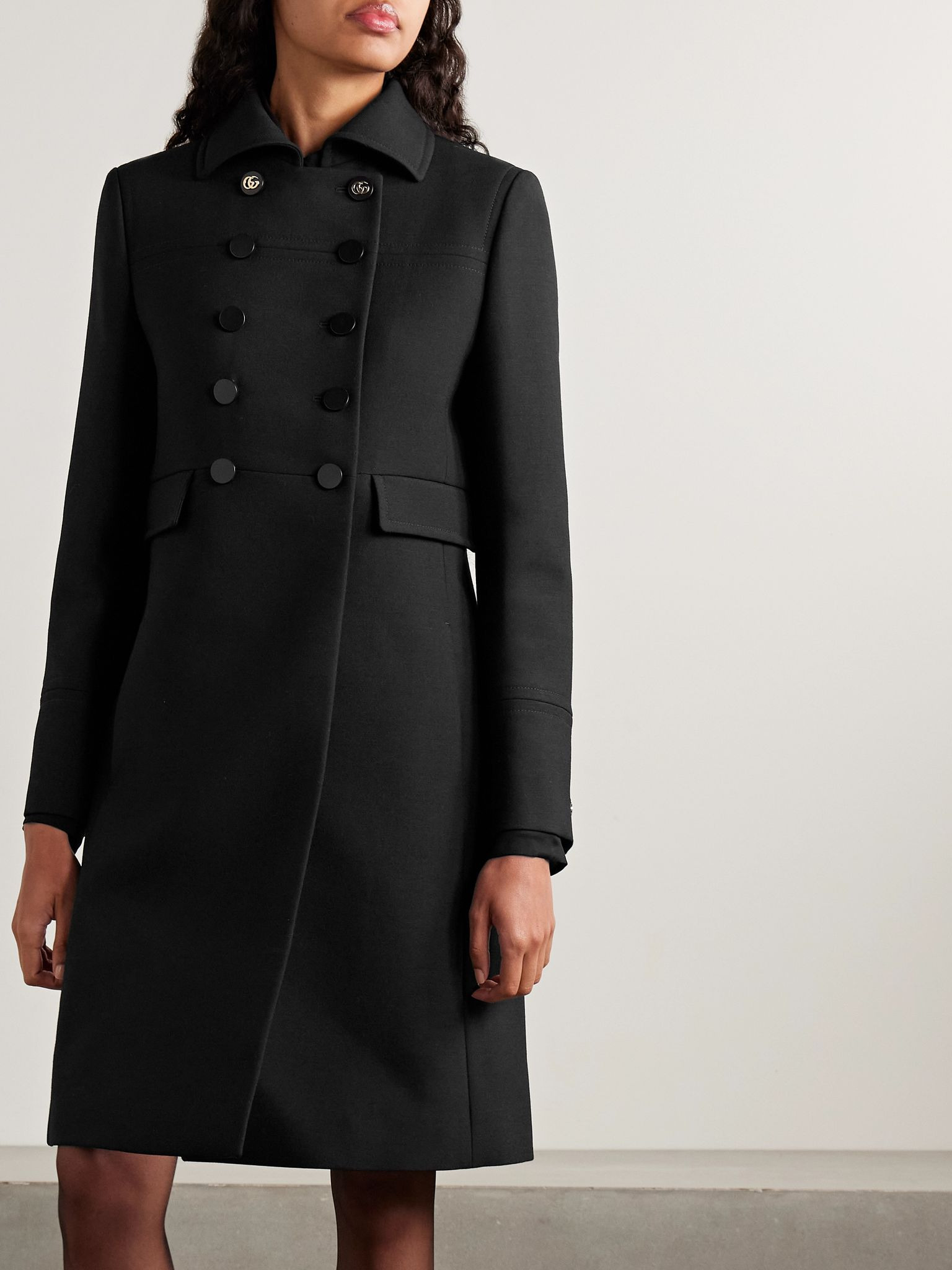 Double-breasted wool-crepe coat Black - 3
