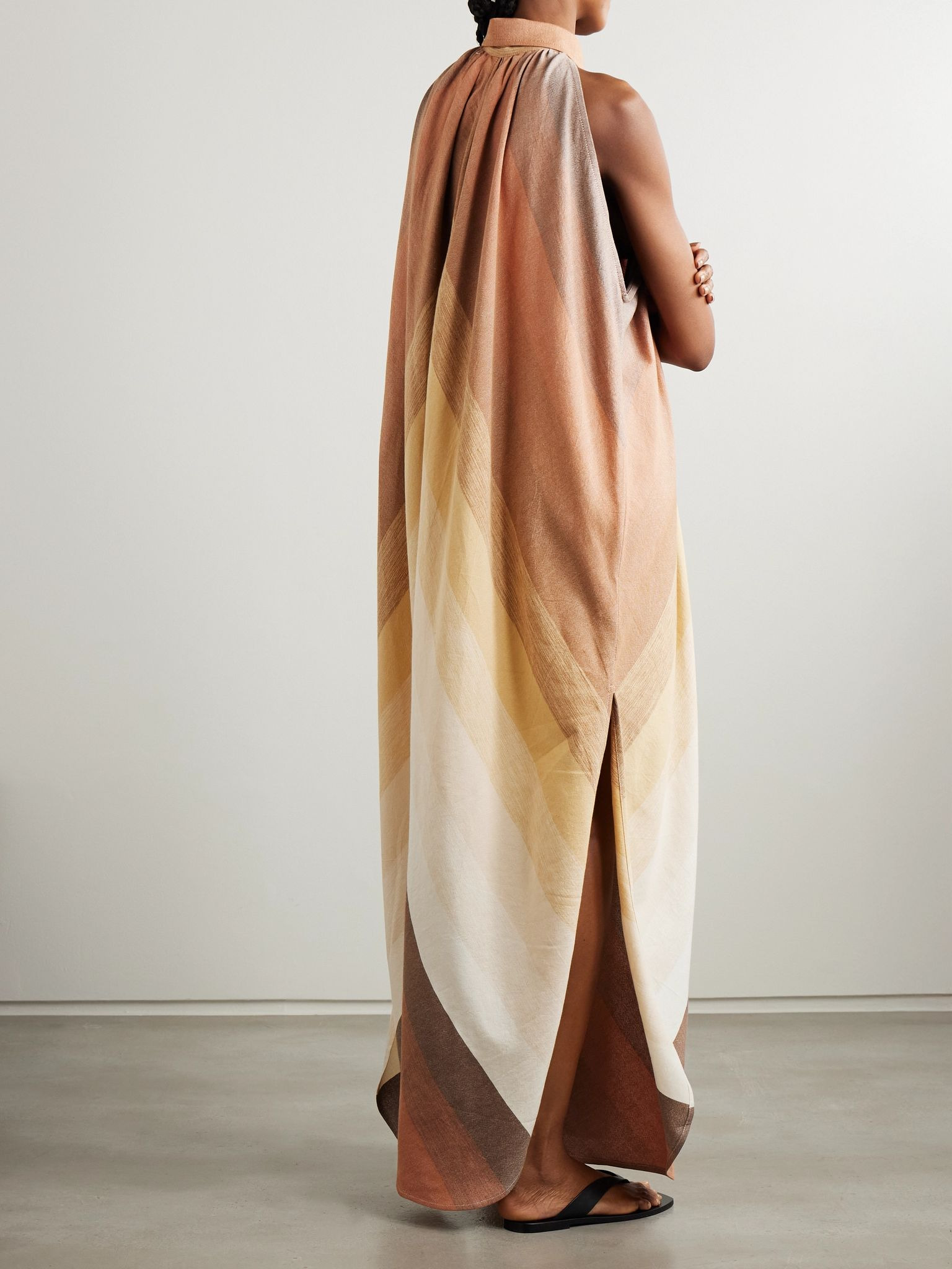 Striped gathered cotton maxi dress Brown - 3