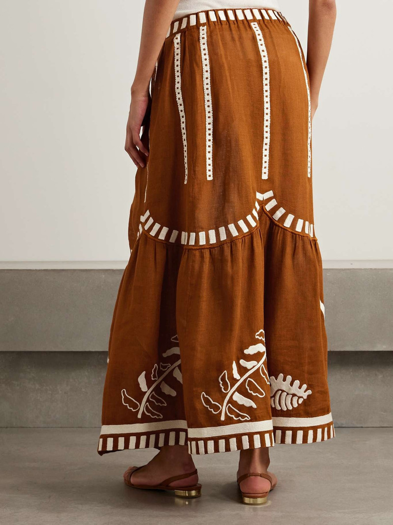 Mermaid Starfish tiered embroidered linen maxi skirt Brown 4