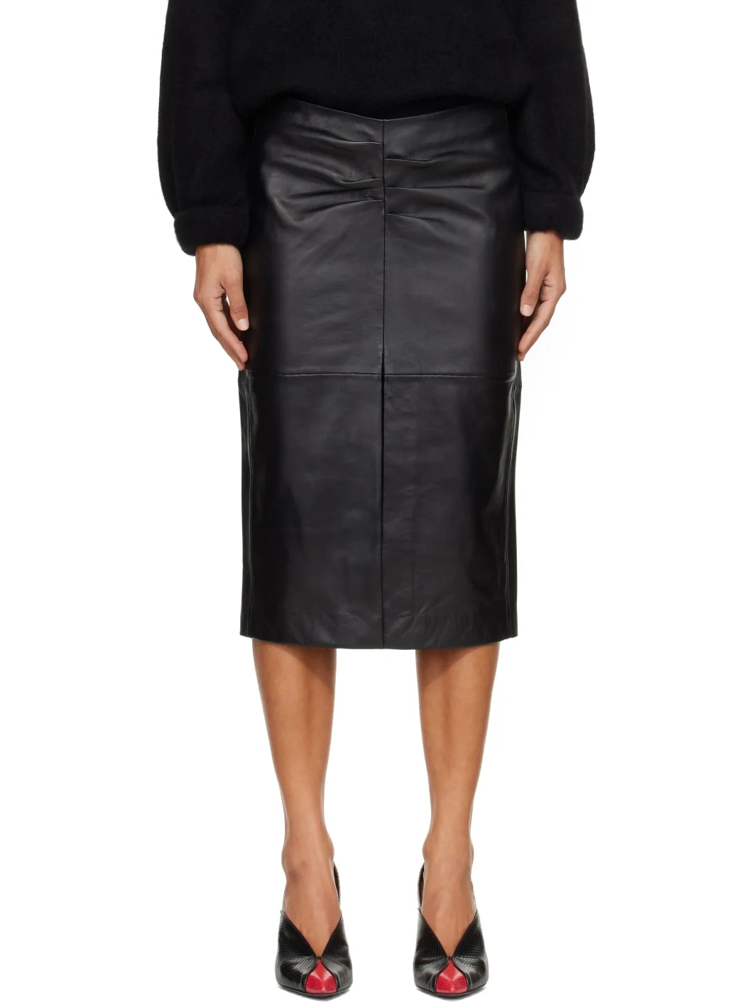 Black Tuline Leather Midi Skirt - 1