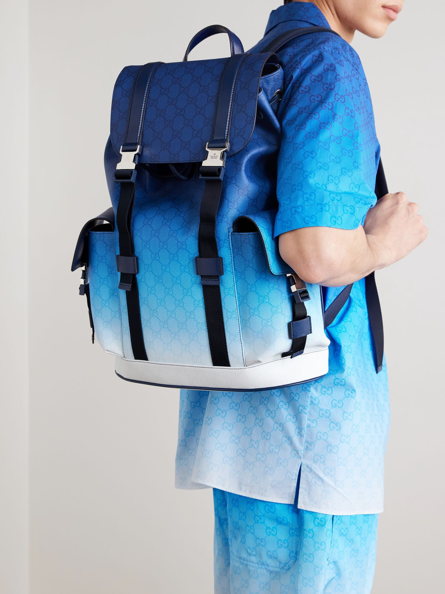 Gucci Chroma Dégradé Monogrammed Webbing-Trimmed Coated-Canvas Backpack Blue - 2
