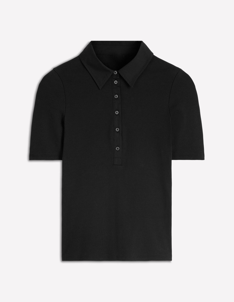 Collared Ribbed Henley Top-Black 1