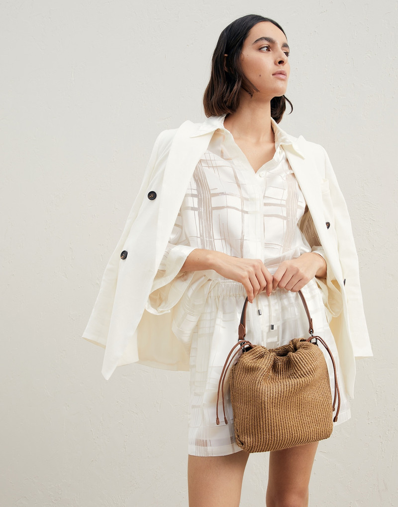 Brunello Cucinelli Techno raffia bucket bag with shiny handle outlook