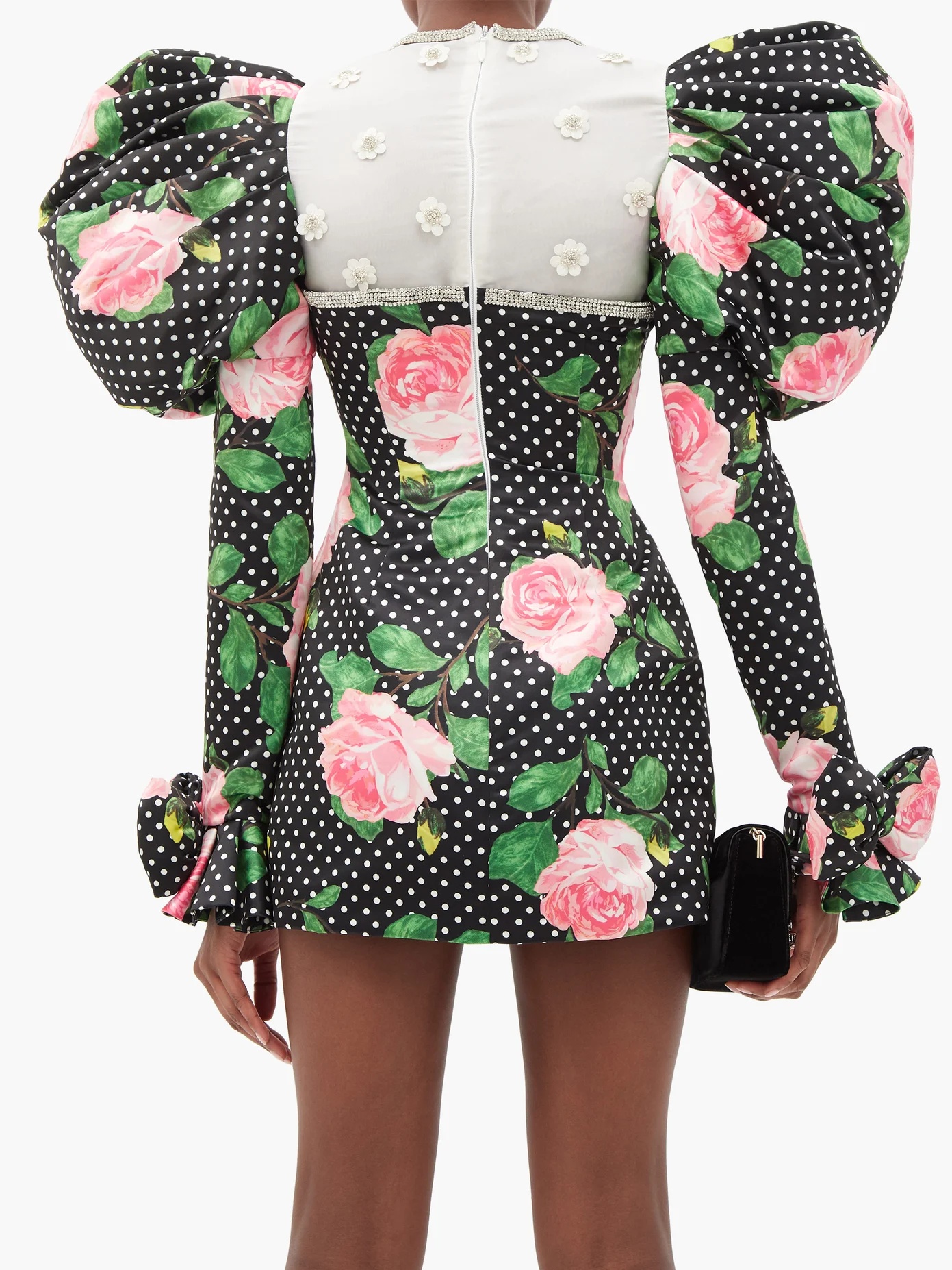 Puff-shoulder rose and polka dot-print satin dress - 5