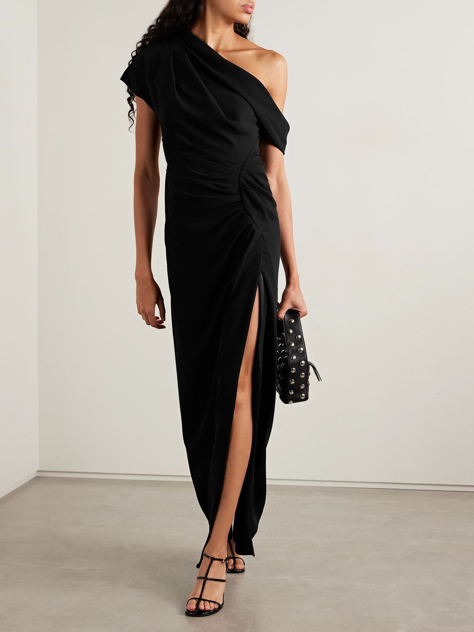 Kally one-shoulder draped pleated crepe gown Black - 2