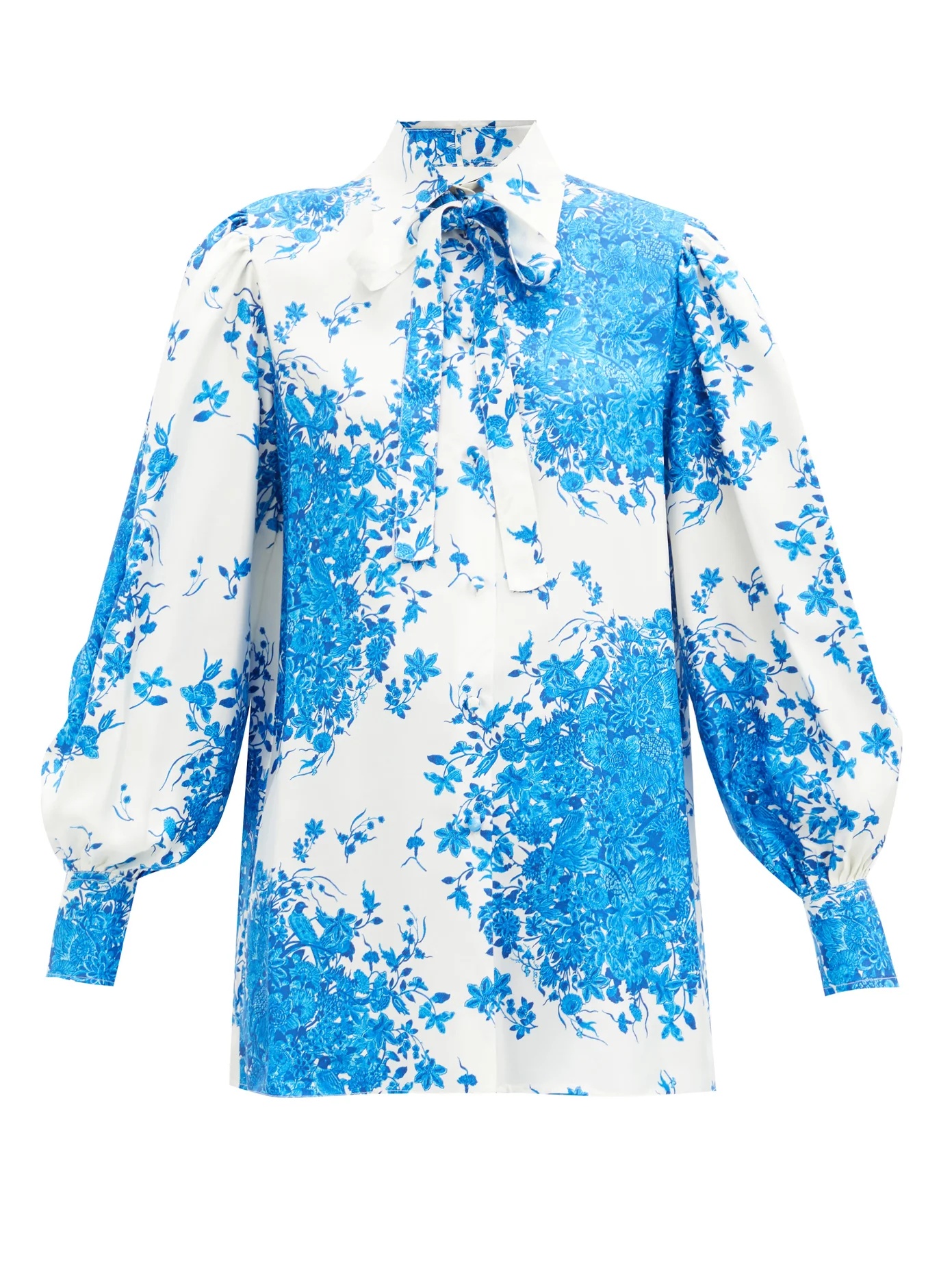 Pussy-bow delft-print silk-twill blouse - 1