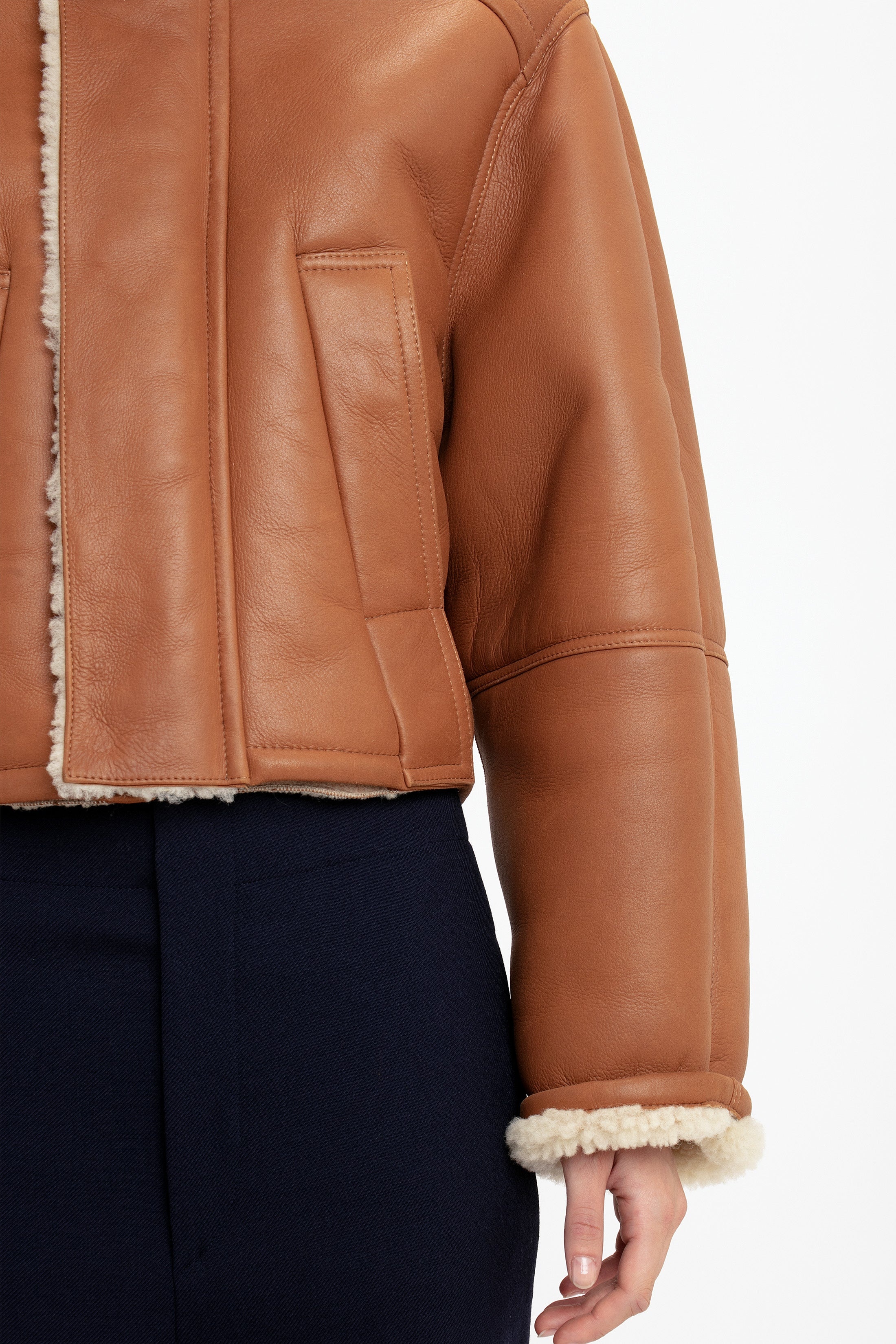 Shearling Pea Coat In Tan-Cream - 5