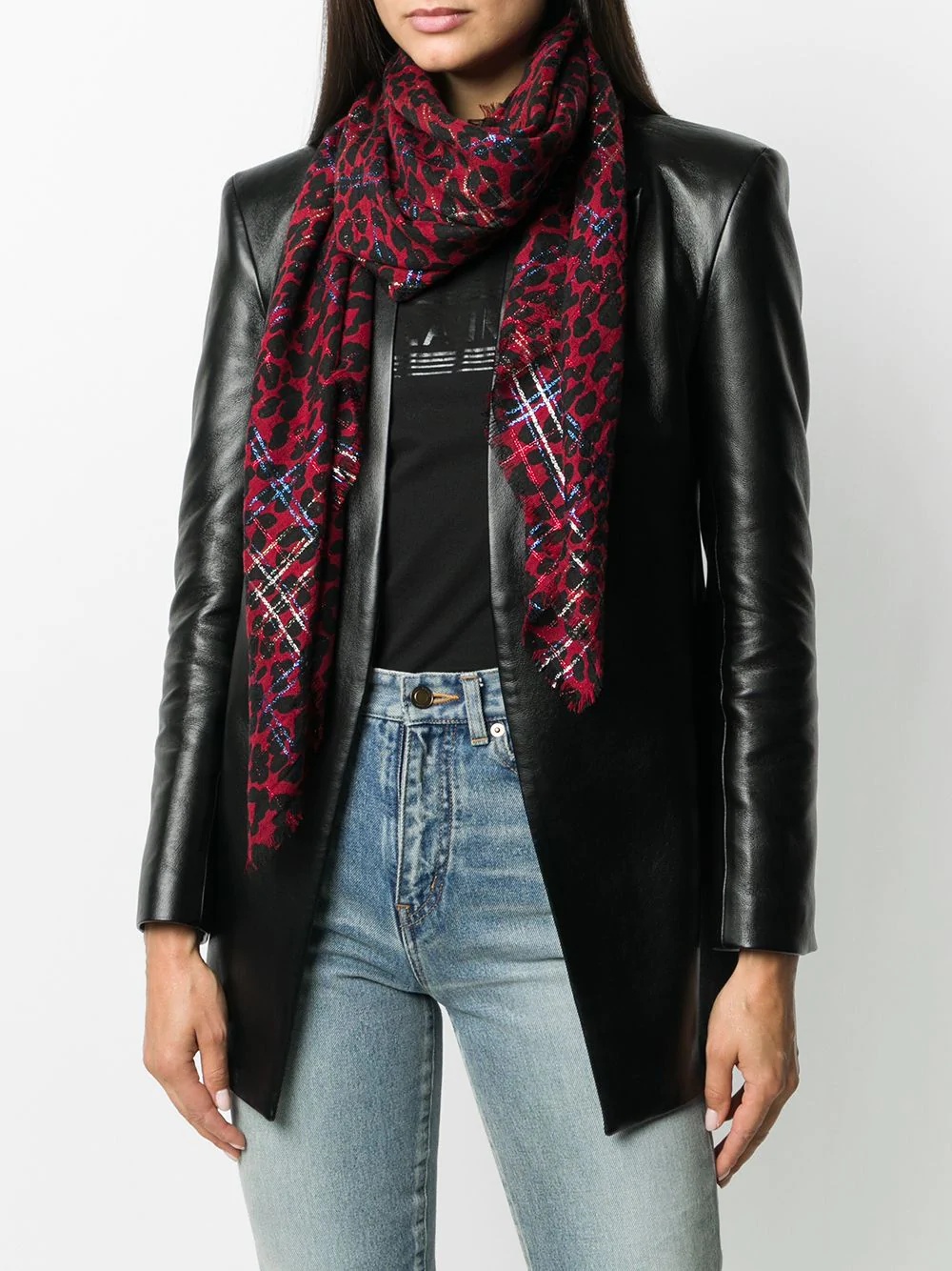 leopard-print lamé check scarf - 2