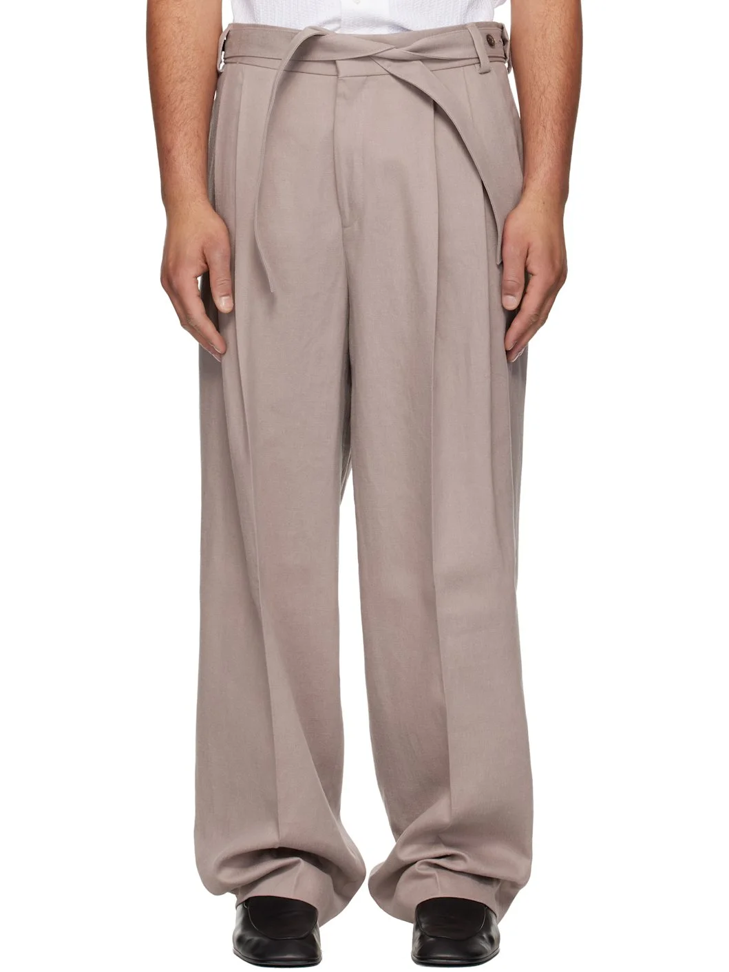 Taupe Fashion-Fit Front Pleat Belt Detail Trousers - 1