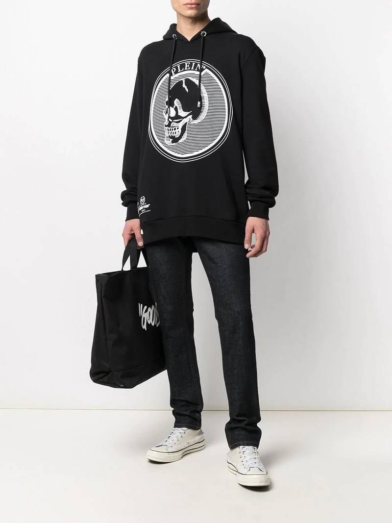 PHILIPP PLEIN outline skull hooded longline sweatshirt outlook