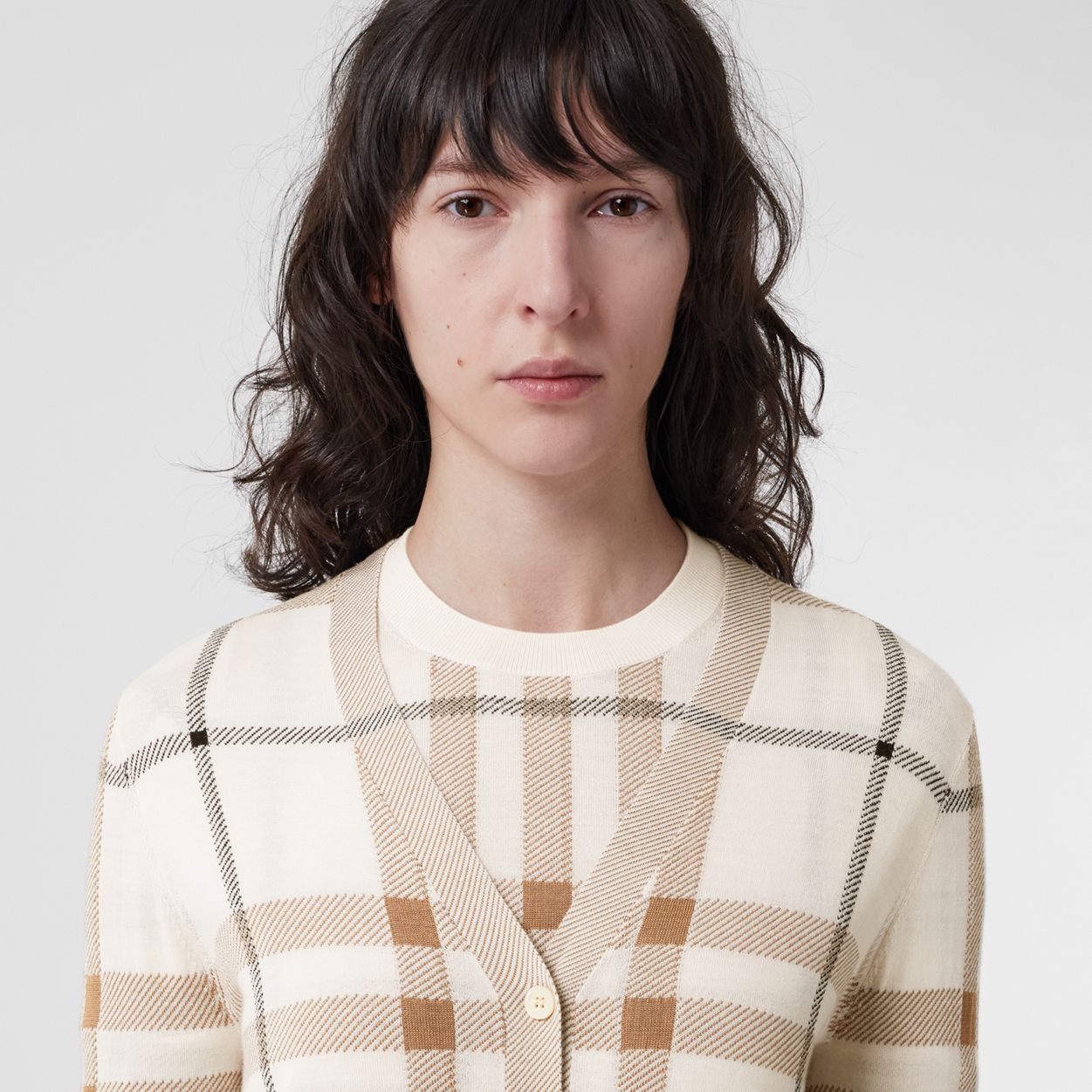 Check Intarsia Wool Silk Cotton Cardigan - 3