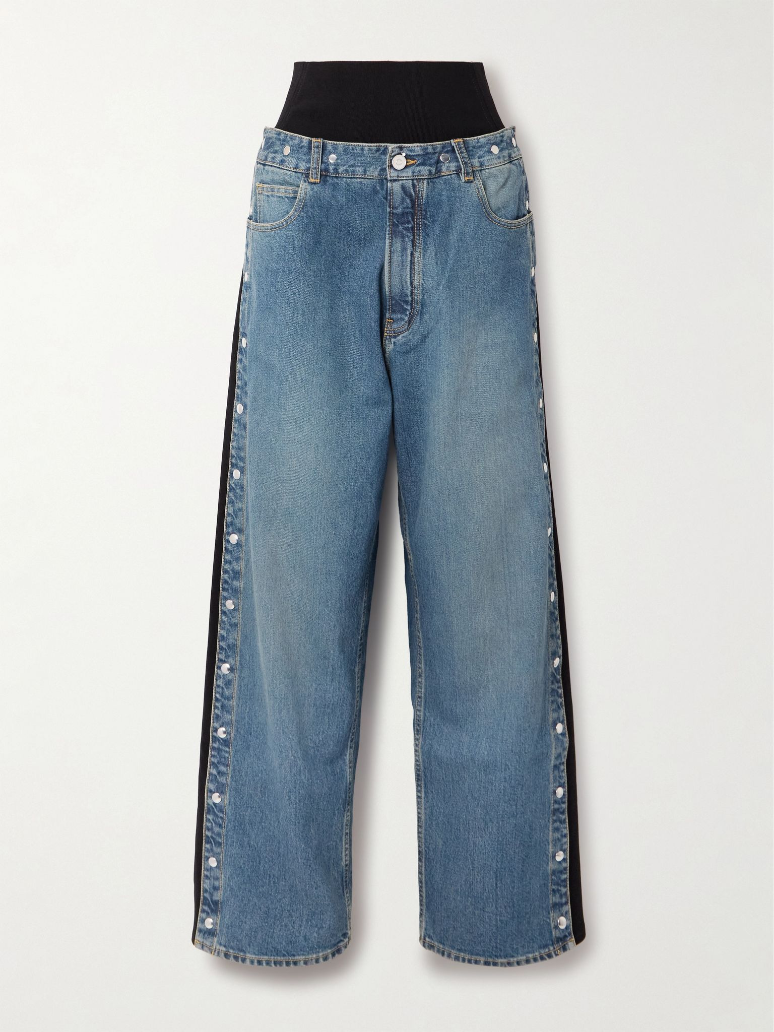 Studded jersey-trimmed high-rise wide-leg jeans Blue - 1