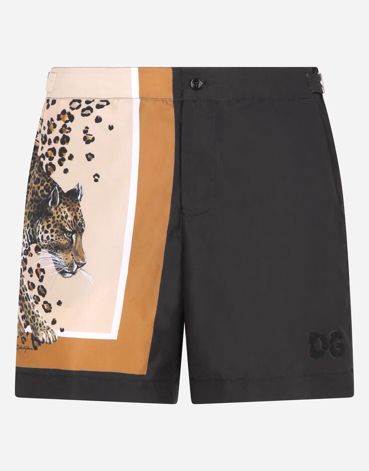 Mid-length swim shorts with leopard print and DG logo - 1