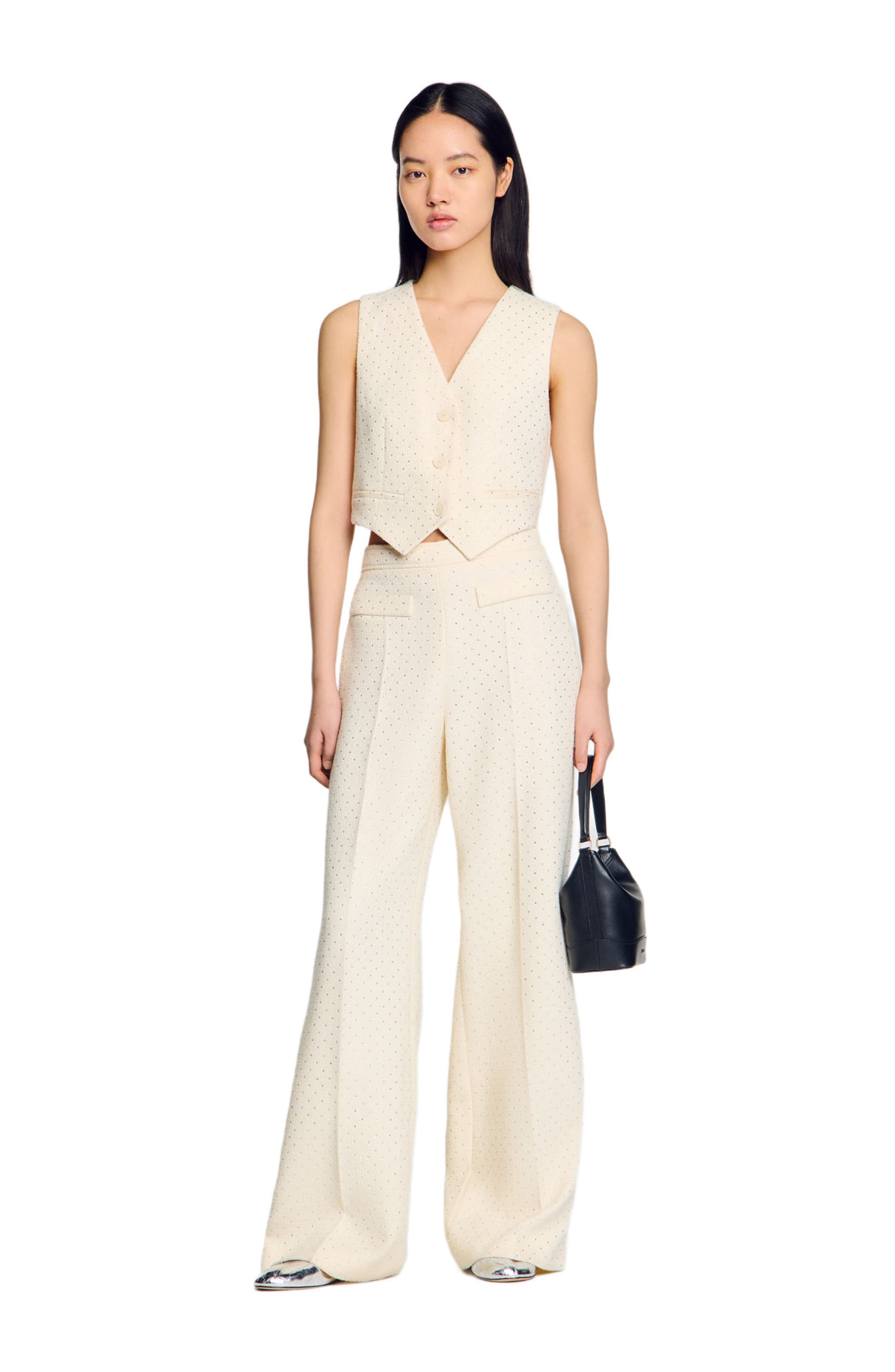 SANDRO Tweed rhinestone-covered trousers in Ecru at Nordstrom - 6