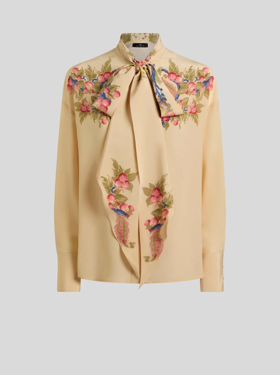 SILK SHIRT WITH SILK SCARF AND PLACED FLORAL PRINT - 1