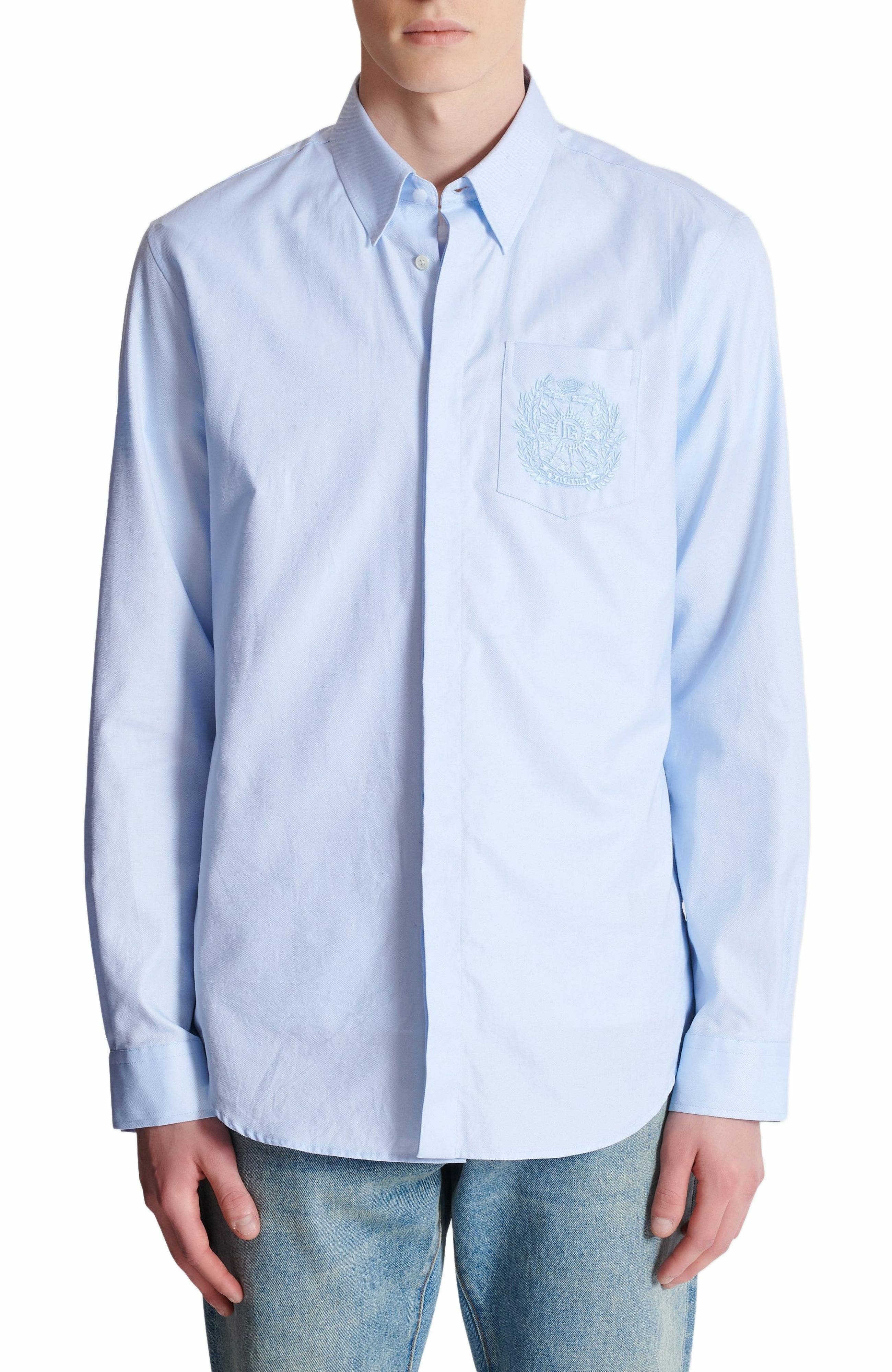 Balmain Écusson embroidered cotton shirt in Blue at Nordstrom - 7