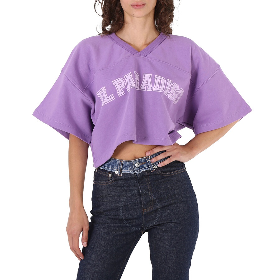System Ladies Violet Lettering Short-Sleeve V-Neck Cropped Top - 3