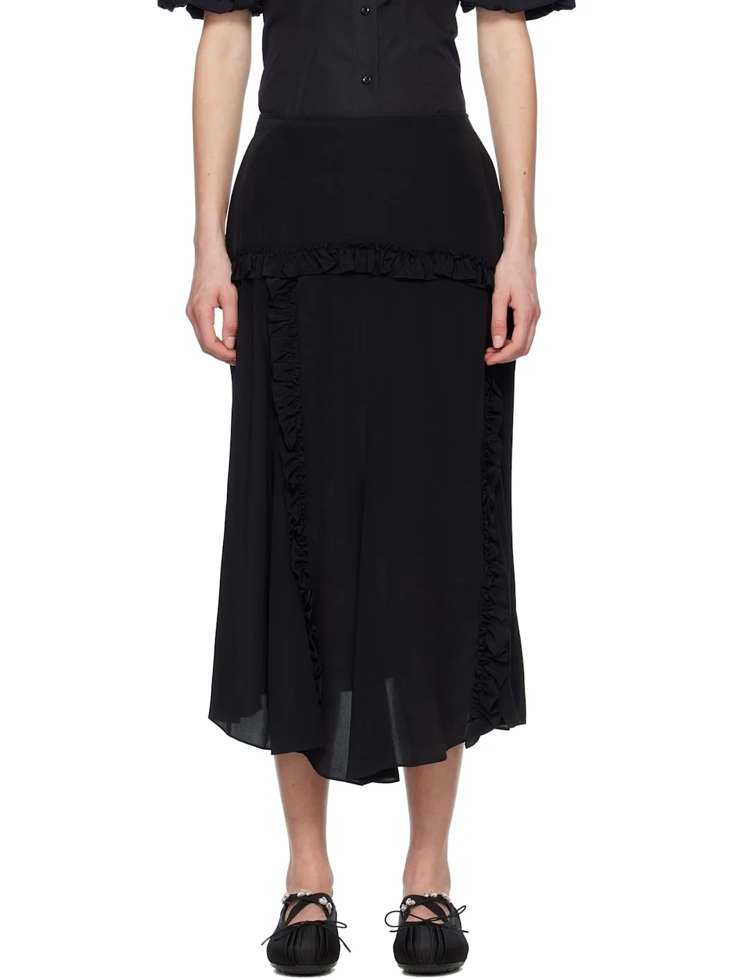 Black Ruffle Frill Multi-Seam Midi Skirt - 1