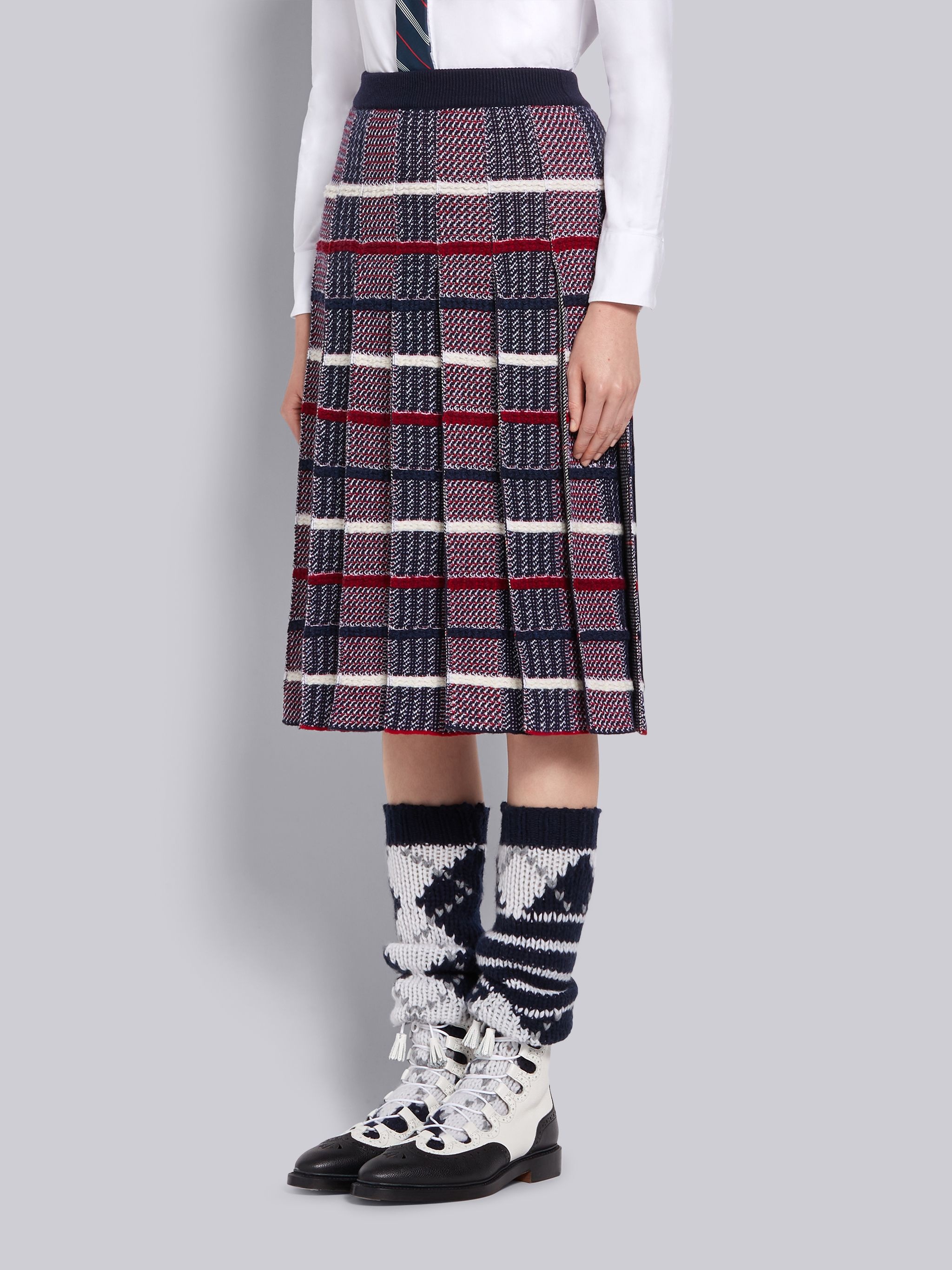 Tricolor Shetland Merino Wool Check Jacquard Inlay Pleated Skirt - 2