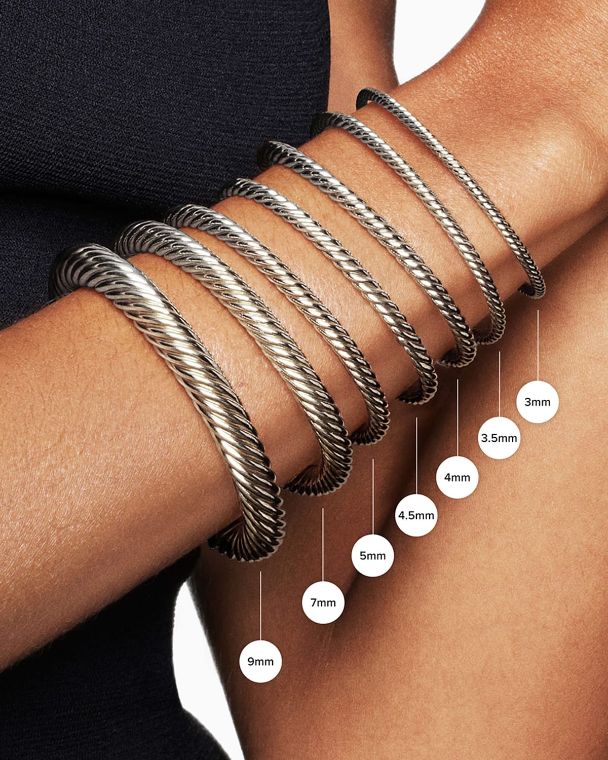 Cable Bracelet in Silver with 18K Gold, 4mm - 8