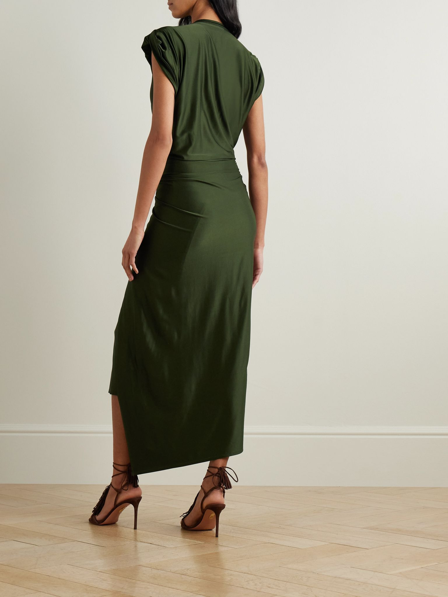 Asymmetric embellished draped satin-jersey dress Army green - 3