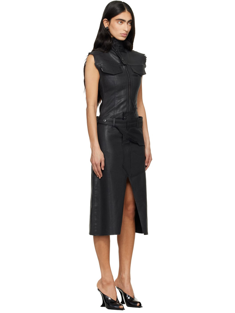 Black Glazed Denim Belted Midi Dress 2