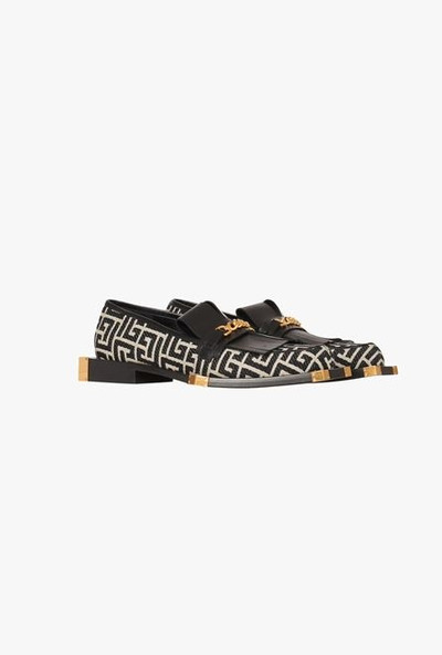 Balmain Bicolor jacquard and black leather loafers with gold-tone chain outlook