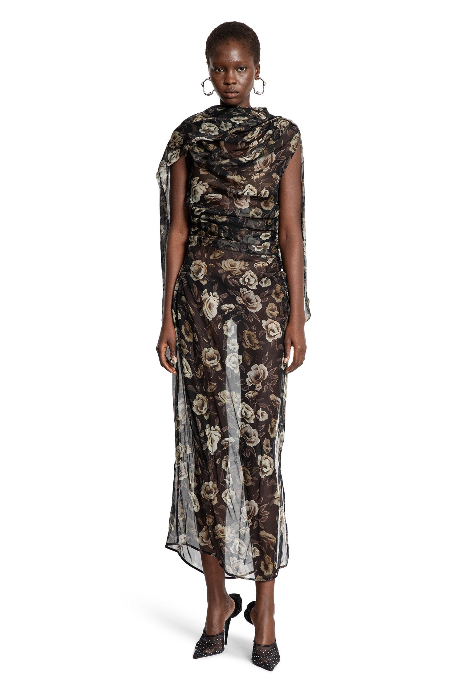 Draped-High-Neck-Dress-In-Floral-Print - 7
