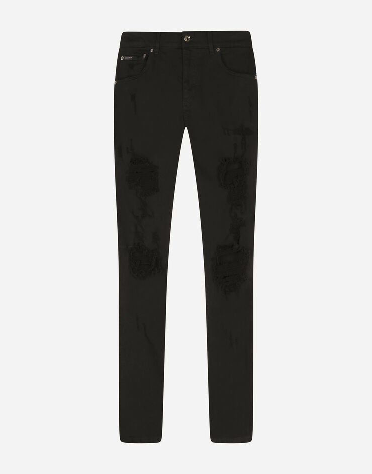 Black slim-fit stretch jeans with rips - 1