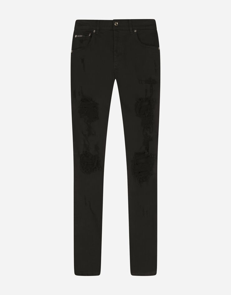 Black slim-fit stretch jeans with rips - 3