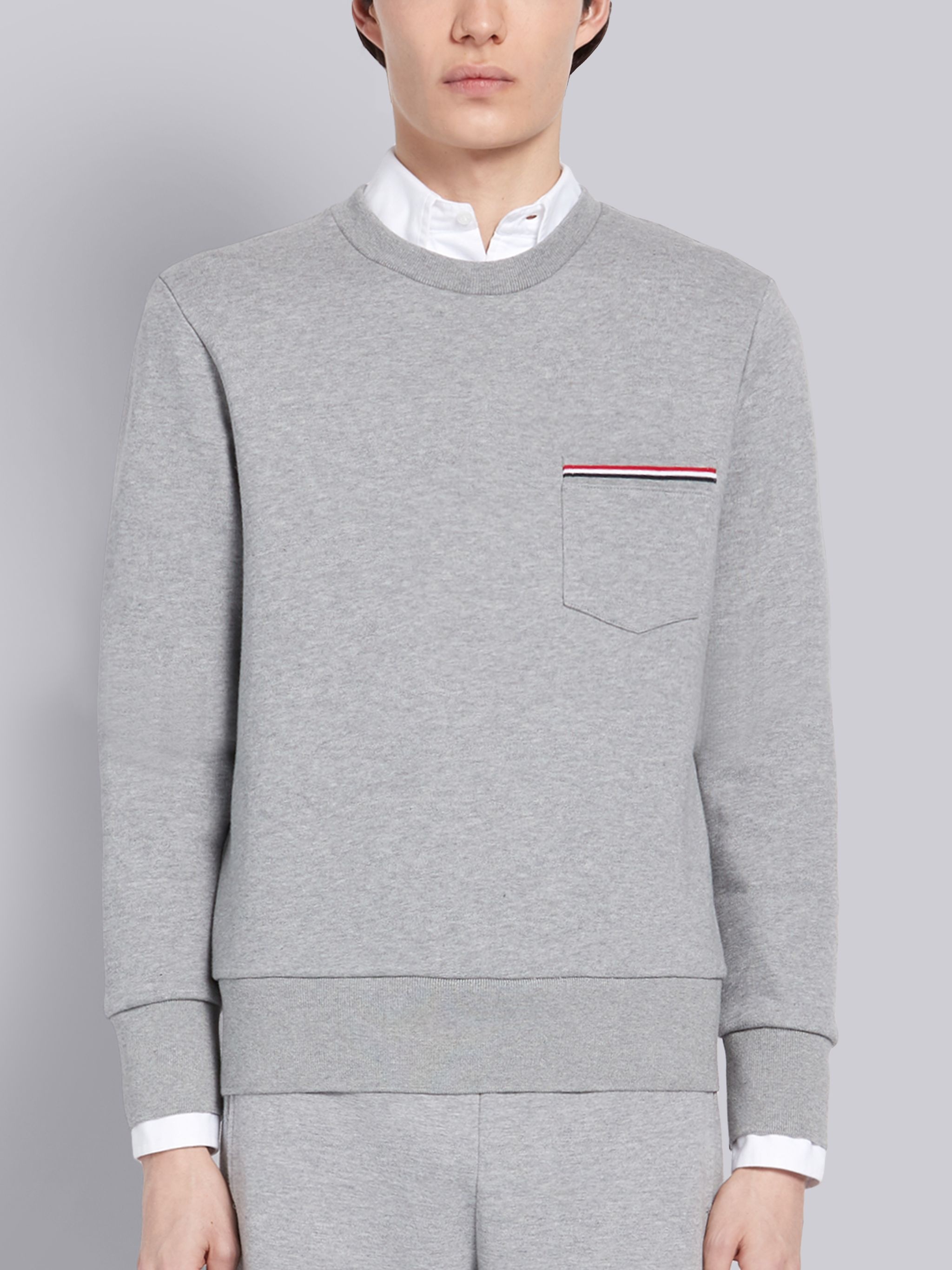 Light Grey Classic Loopback Stripe Pocket Crewneck Sweatshirt - 1