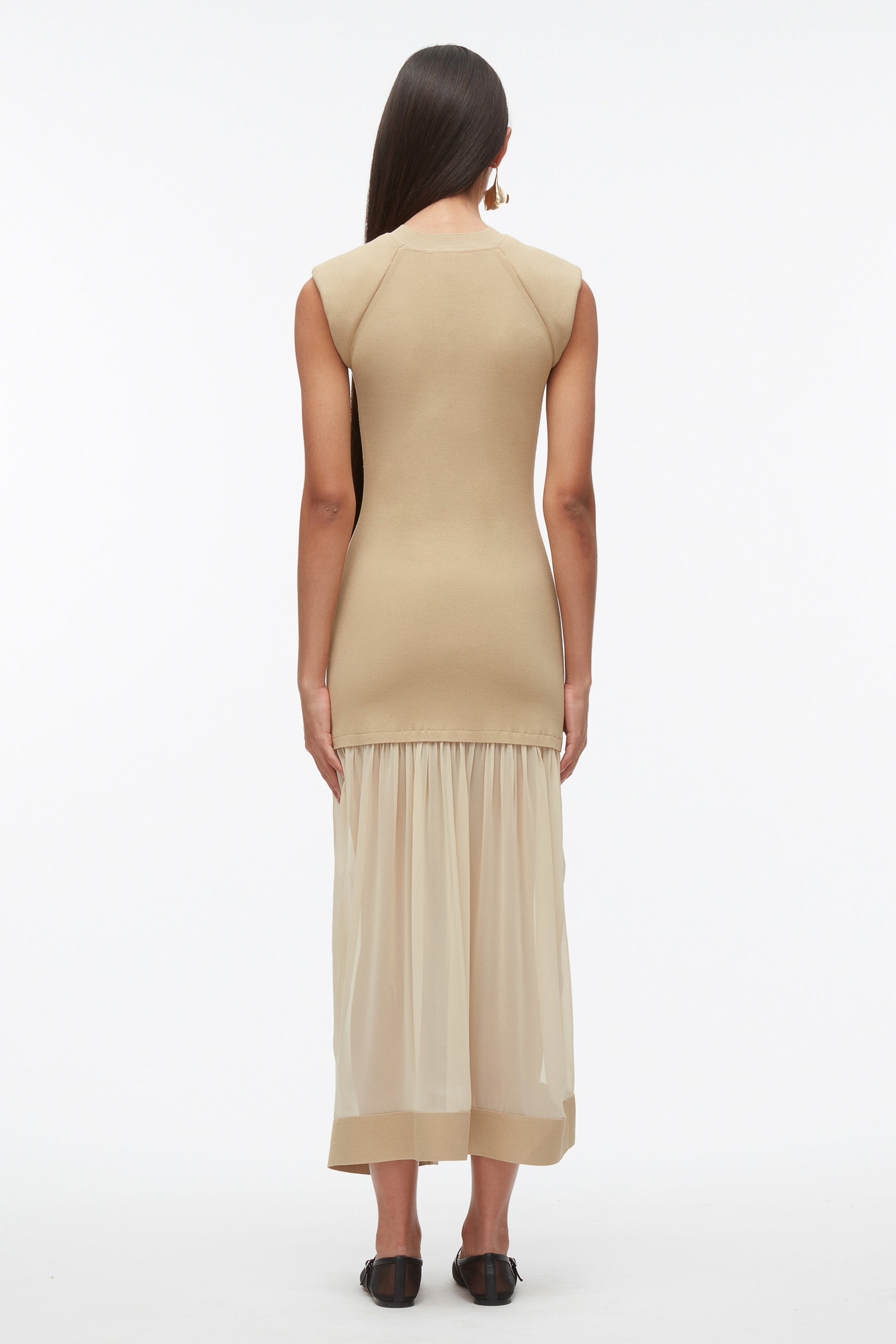 Compact Rib Dress with Chiffon Skirt - 4