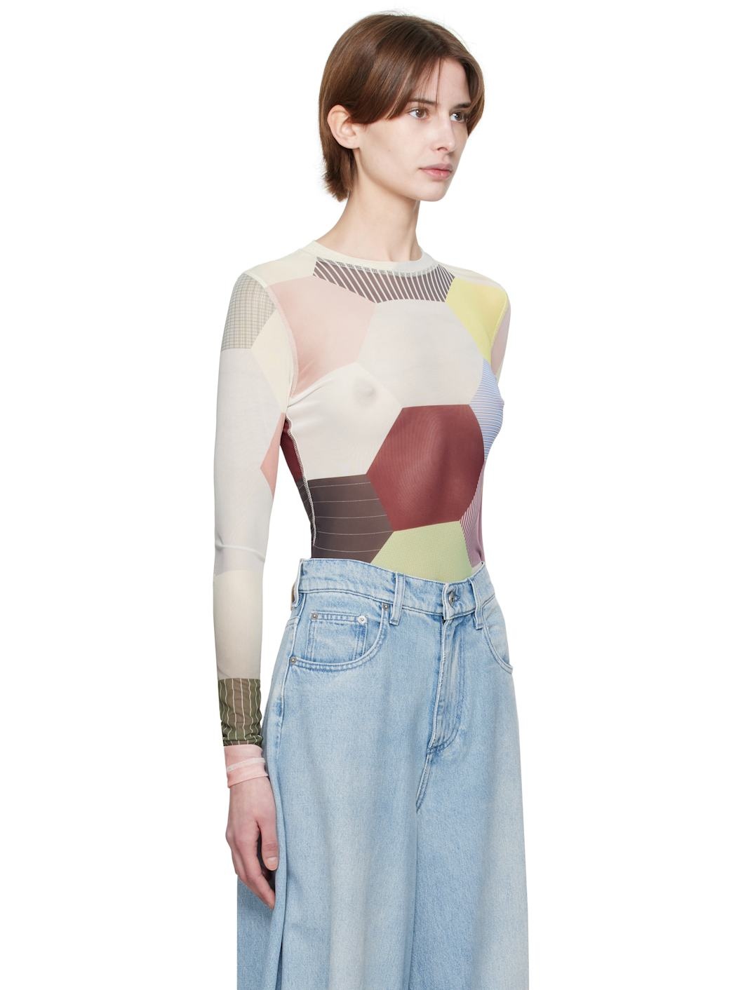 Multicolor Patchwork Print Sheer Long Sleeve T-shirt - 2