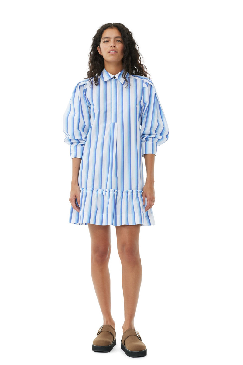 GANNI BLUE STRIPED COTTON MINI SHIRT DRESS outlook