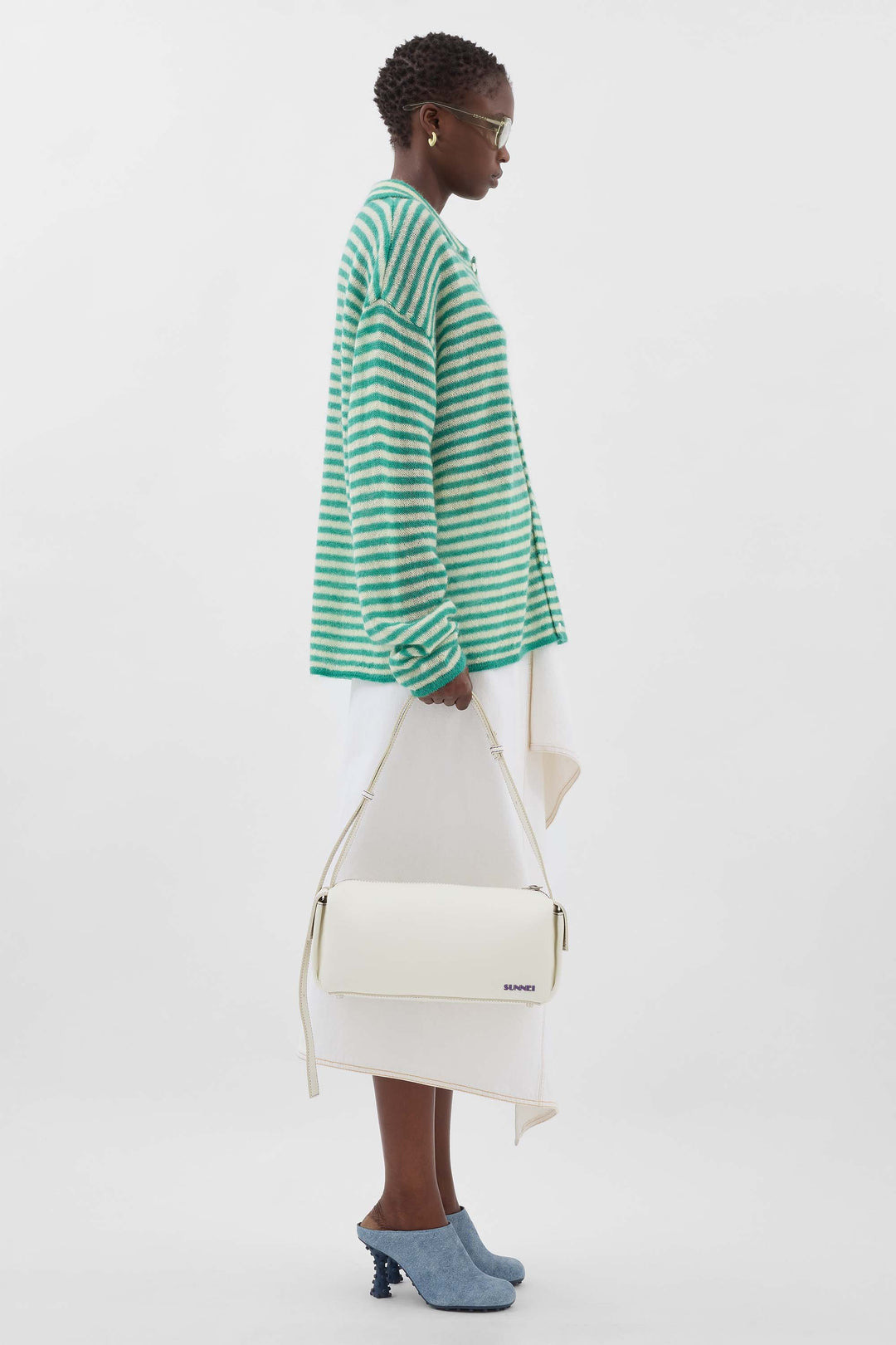 STIPED MOHAIR CARDIGAN / off white & jade green - 3