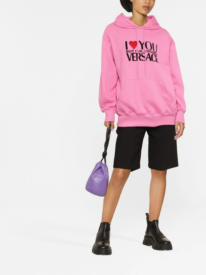 VERSACE crystal-embellished slogan hoodie outlook