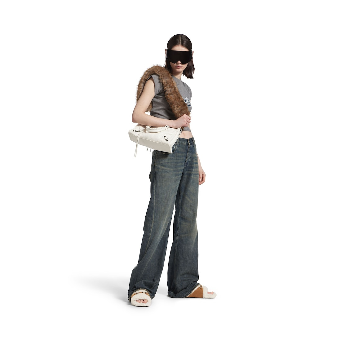 Women's Furry Slide Sandal in Off White/brown - 9