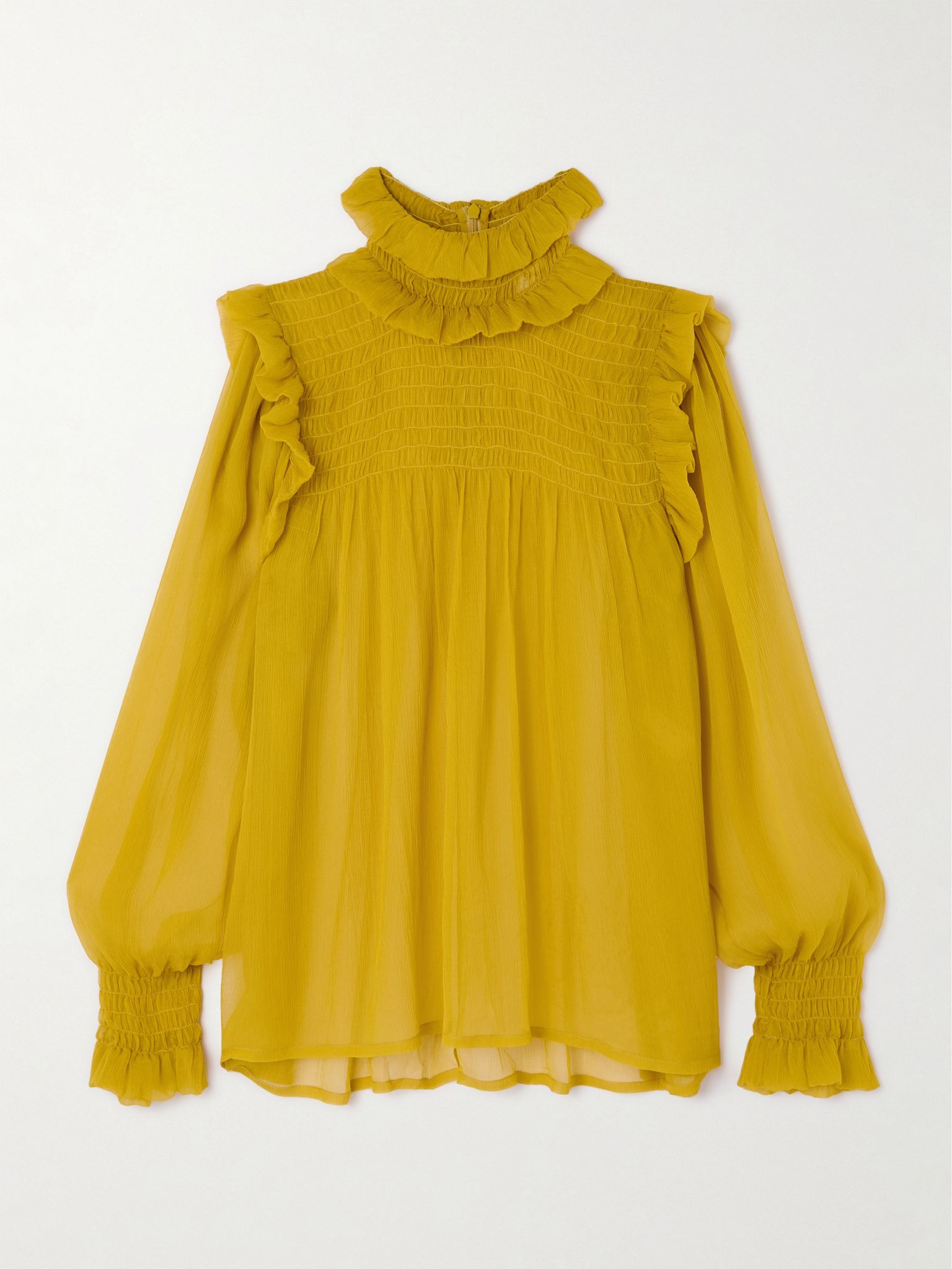 Smocked ruffled silk-crepon blouse Yellow - 1