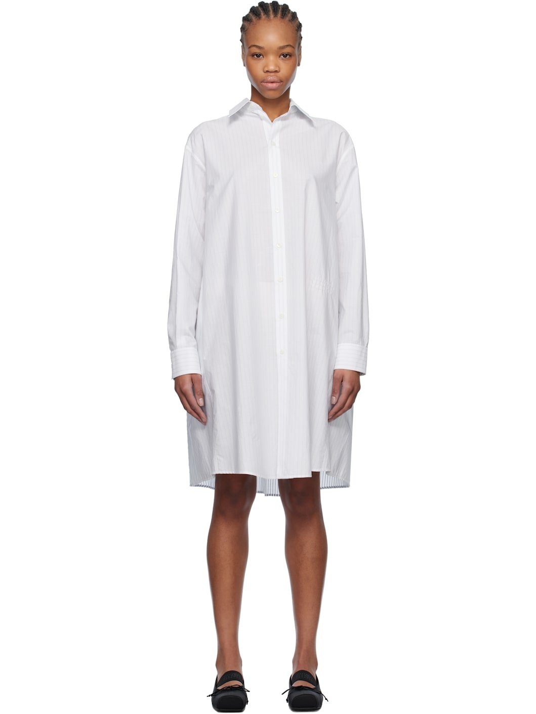 White Spliced Striped Cotton Poplin Midi Dress - 1