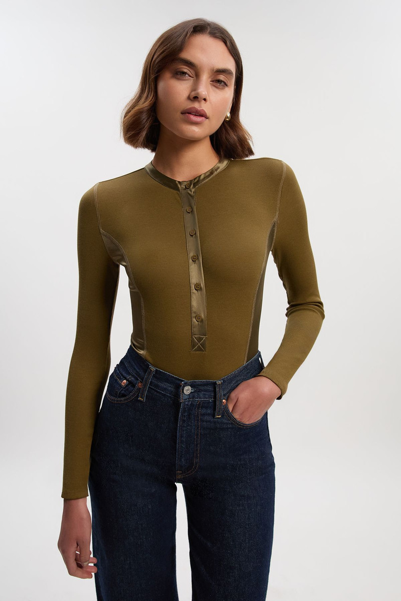 Luxe Viscose Rib Jersey Crew Neck Satin Detail Bodysuit 1