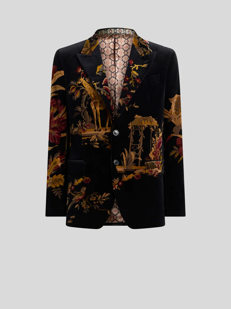 SINGLE-BREASTED COTTON VELVET JACKET WITH PLACED FLOWER AND ANIMAL PRINT - 1