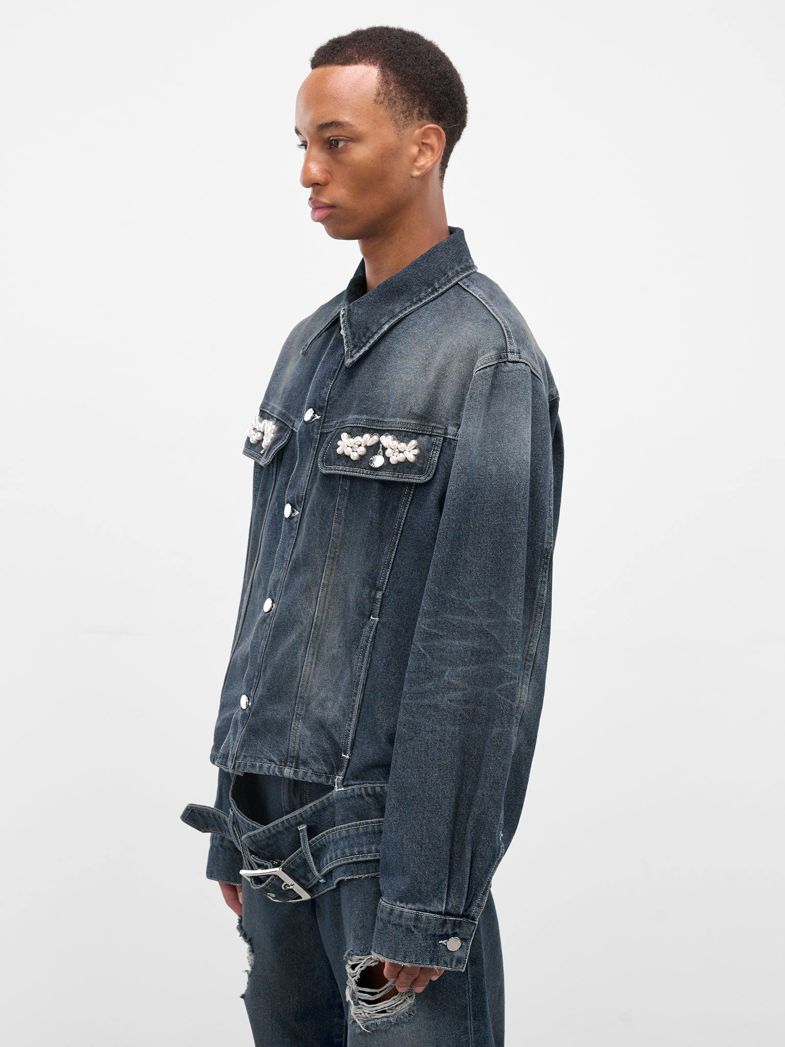 Blue Embroidered Belted Denim Jacket - 2