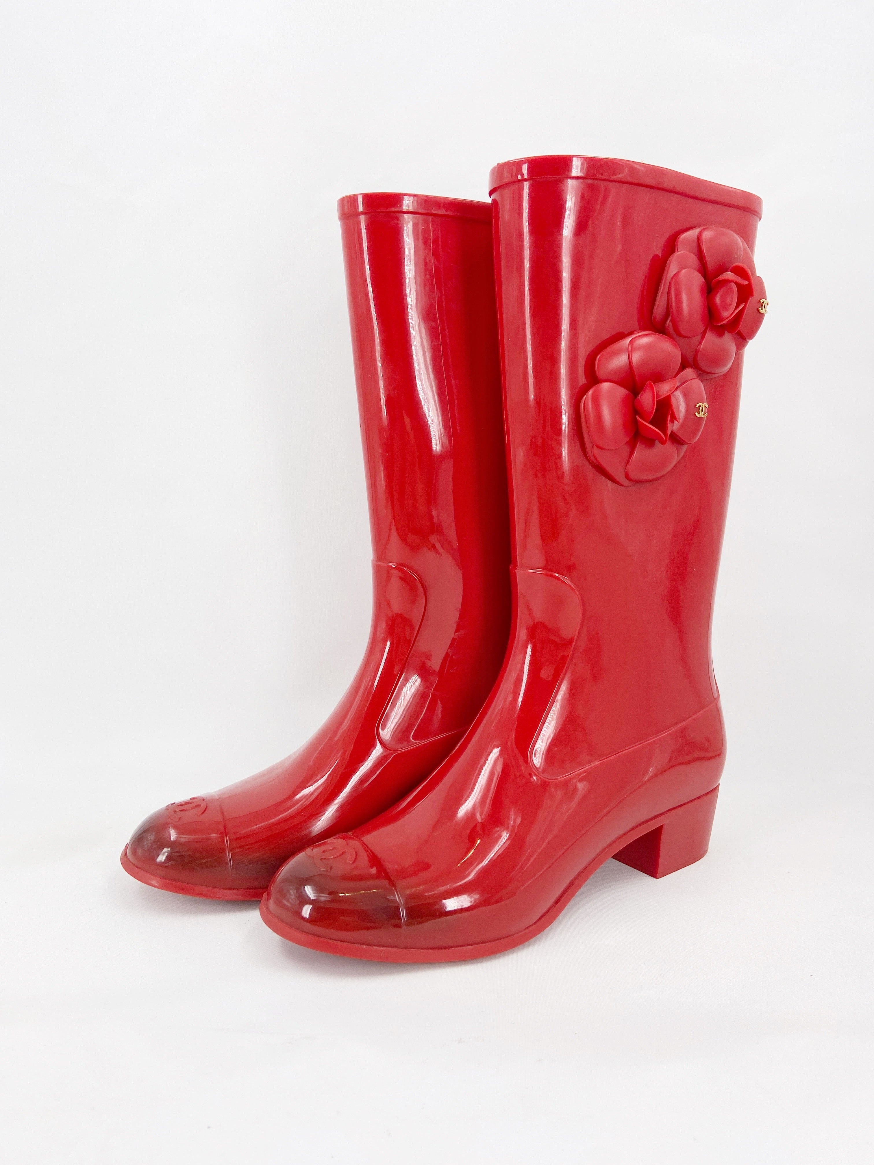 Chanel Karl Lagerfeld Red Camellia Rubber Rainboot - 4