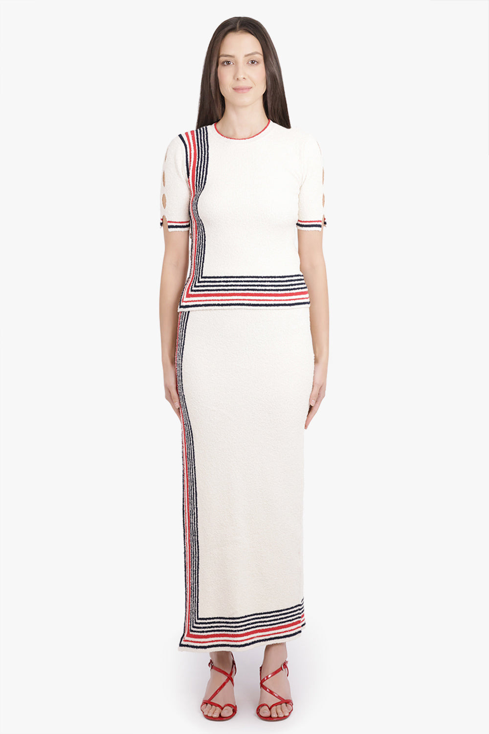BOUCLE STRIPE CUT-OUT MAXI KNIT SKIRT | CREAM/NAVY/RED - 4
