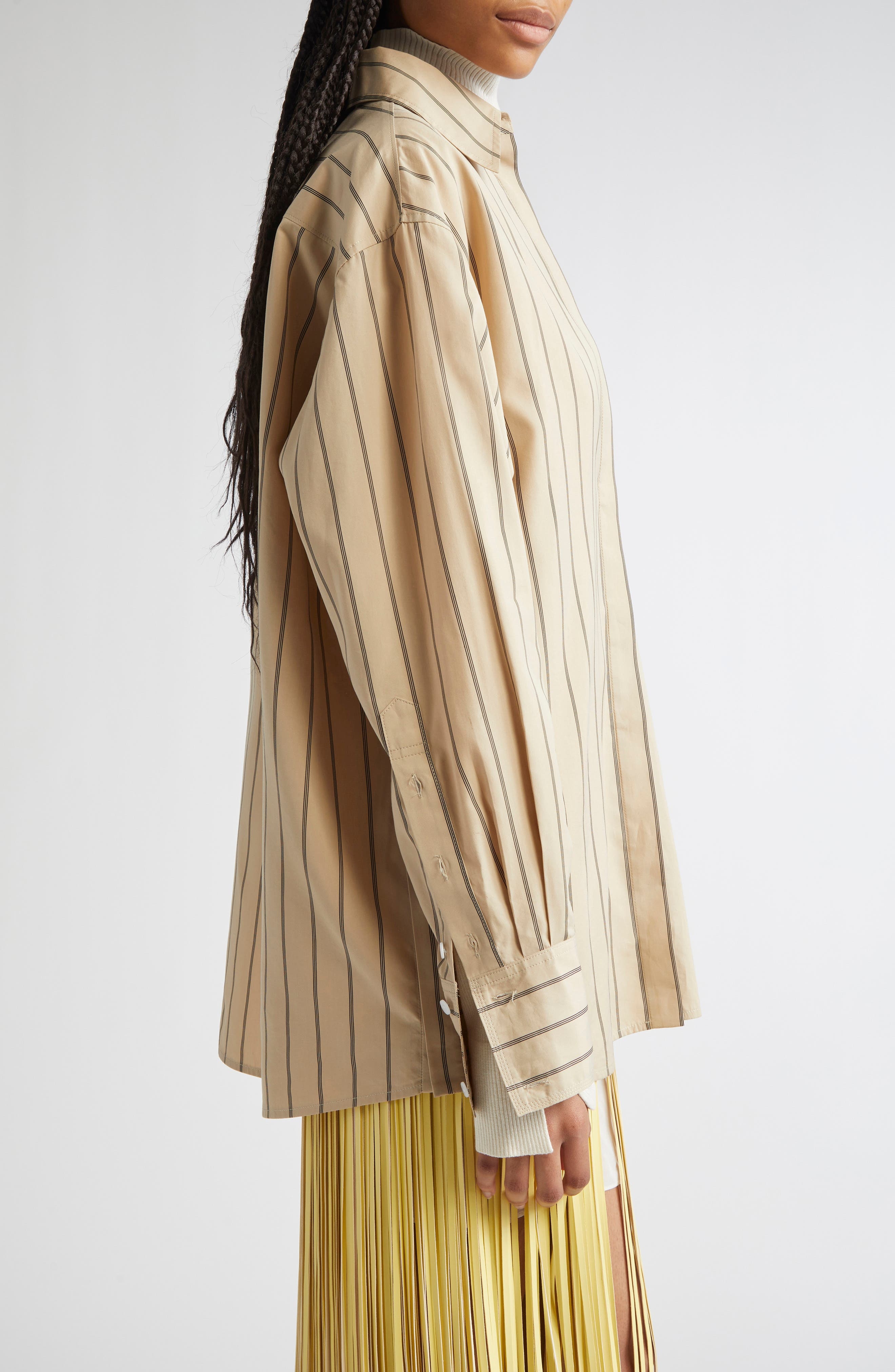 Proenza Schouler Addy Stripe Cotton & Silk Button-Up Shirt in Taupe Multi at Nordstrom - 4
