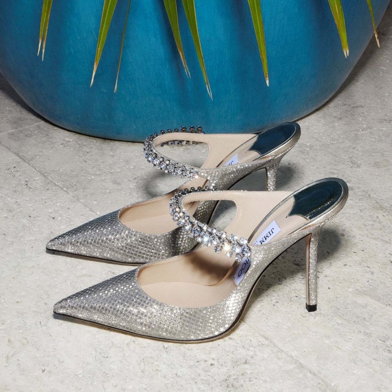 Bing 100 Champagne Glitter Fabric Mules with Crystal Strap 7